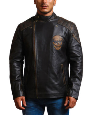 Embossed Skull Biker Leather Jacket