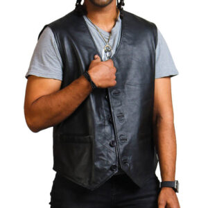 Skull Print Black Leather Vest