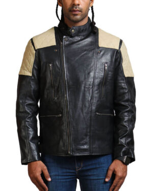 Men's White Quilted Black Leather Jacket