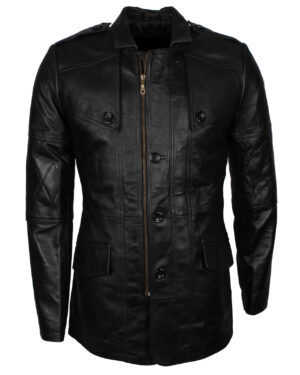 Military Officer Black Leather Coat