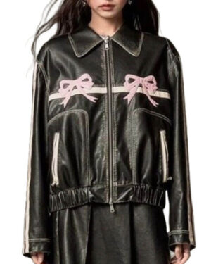 Pink Bow Black Leather Jacket