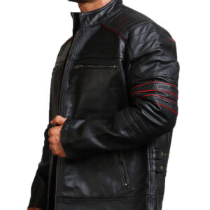 Quilted Shoulder Black Biker Leather Jacket