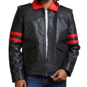 Red Collar Black Leather Jacket