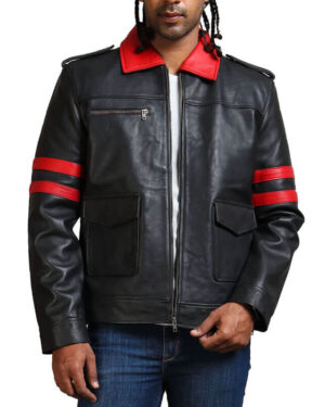 Red Collar Black Leather Jacket