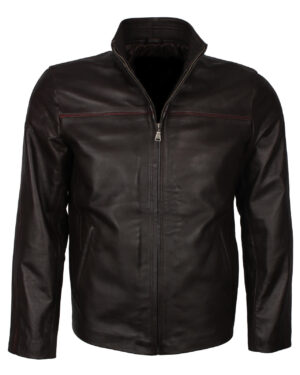 Dark Brown Leather Jacket with Red Stripe