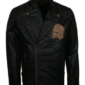 Men's Black Red Indian Skull Real Leather Biker Jacket