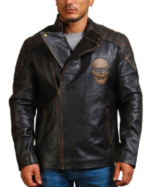 Embossed Skull Biker Leather Jacket