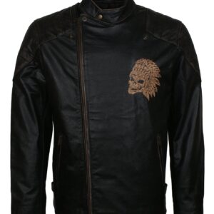 Men's Black Red Indian Skull Real Leather Biker Jacket