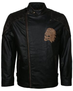Men's Black Red Indian Skull Real Leather Biker Jacket
