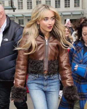 Sabrina Carpenter Brown Cropped Leather Jacket