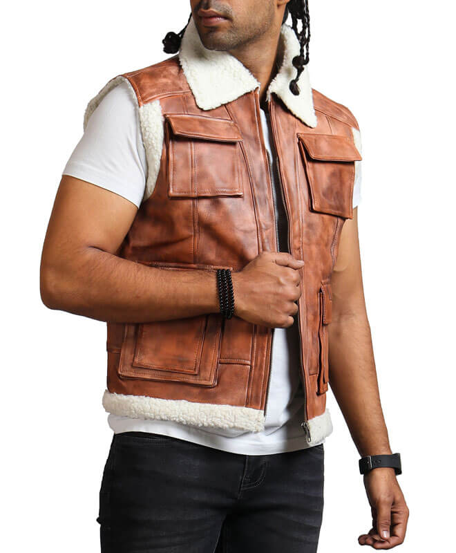 Brown Winter Leather Vest With Fur Lining