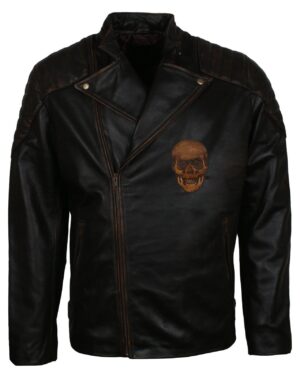 Men's Black Skull Embossed Ride Genuine Leather Biker Jacket