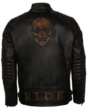 Men's Black Skull Embossed Ride Genuine Leather Biker Jacket