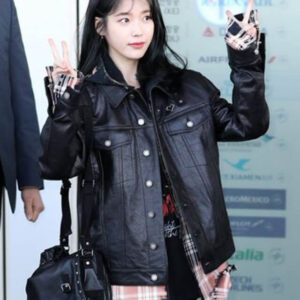 K-pop IU Black Oversized Trucker Leather Jacket