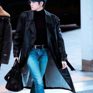 TXT Yeonjun Black Leather Coat