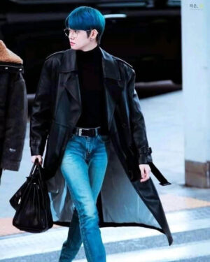 TXT Yeonjun Black Leather Coat