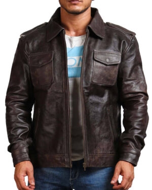 Dark Brown Trucker Leather Jacket