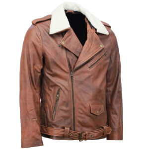 Vintage Brown Motorcycle Leather Jacket with Fur Collar
