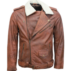 Vintage Brown Motorcycle Leather Jacket with Fur Collar
