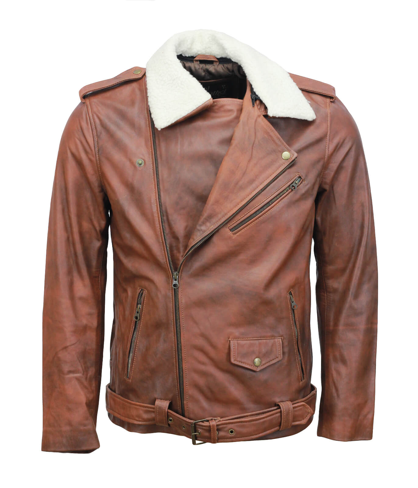 Vintage Brown Motorcycle Leather Jacket with Fur Collar