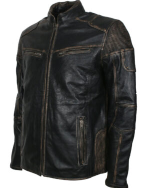 Distressed Leather Biker Jacket for Men in Black
