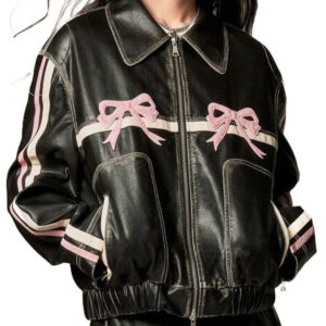 Pink Bow Black Leather Jacket