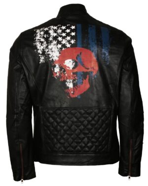 American Flag Skull Biker Leather Jacket in Real Leather