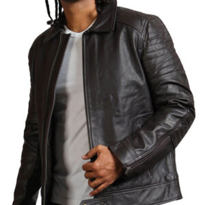 Black Collared Leather Biker Jacket