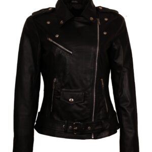 Black Belted Leather Jacket Women Bikers