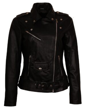 Black Belted Leather Jacket Women Bikers
