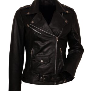 Black Belted Leather Jacket Women Bikers