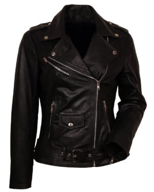 Black Belted Leather Jacket Women Bikers