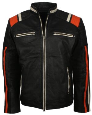 Black Retro Men's Biker Leather Jacket with Stripes