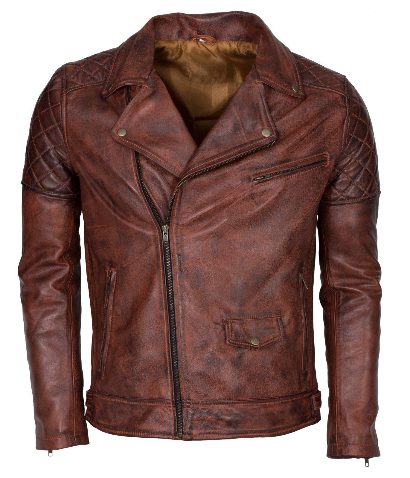Men's Waxed Brando Black Brown Grey Genuine Leather Motorcycle Jacket