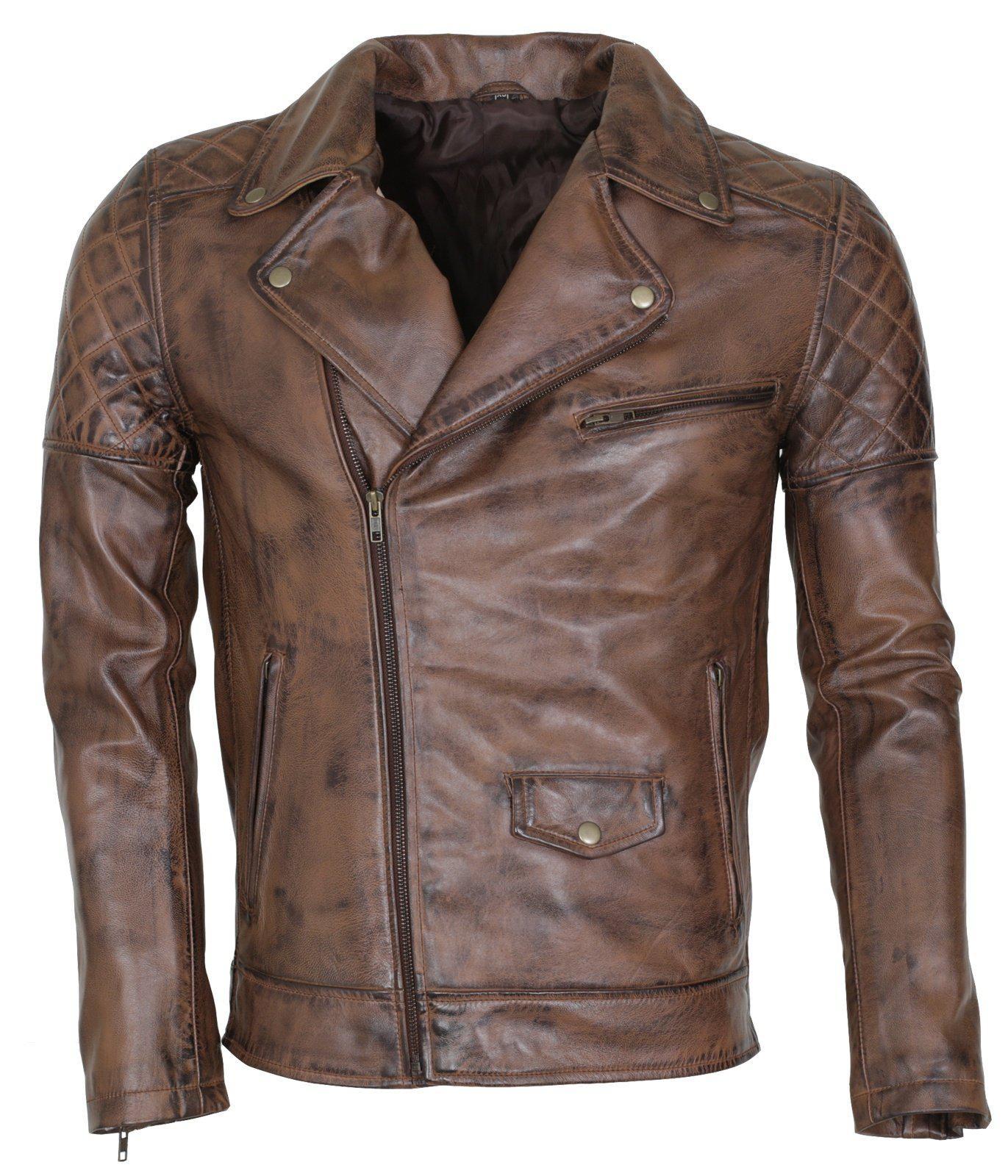 Men's Waxed Brando Black Brown Grey Genuine Leather Motorcycle Jacket