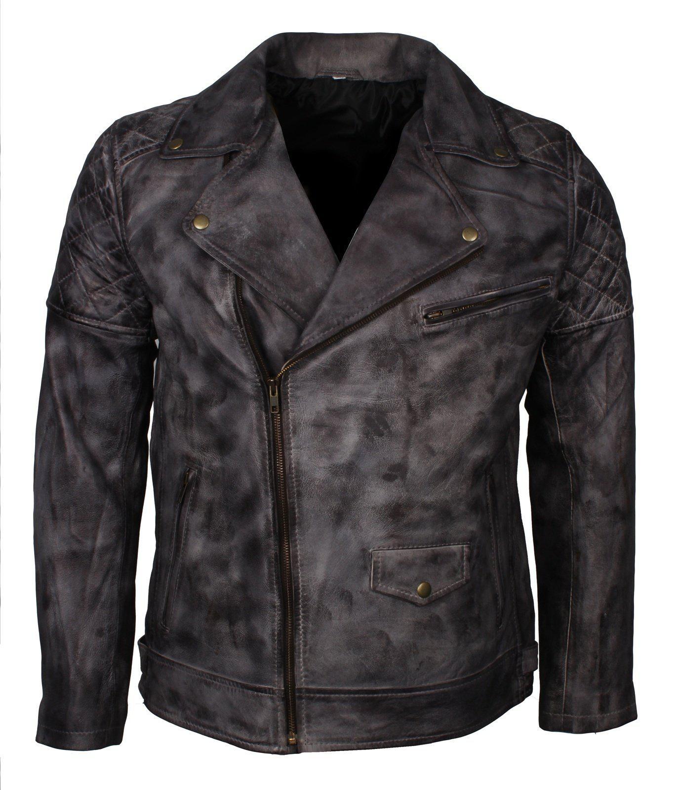 Men's Waxed Brando Black Brown Grey Genuine Leather Motorcycle Jacket