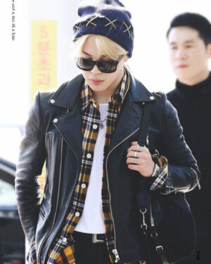 Jimin Airport Fashion Black Biker Leather Jacket