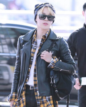 Jimin Airport Fashion Black Biker Leather Jacket