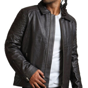 Black Collared Leather Biker Jacket