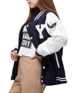 Cream and black letterman varsity leather jacket