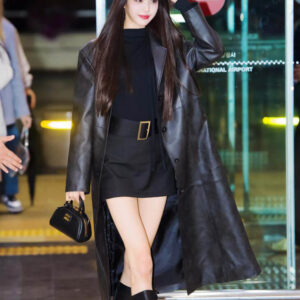 Jang Wonyoung Black Leather Long Coat