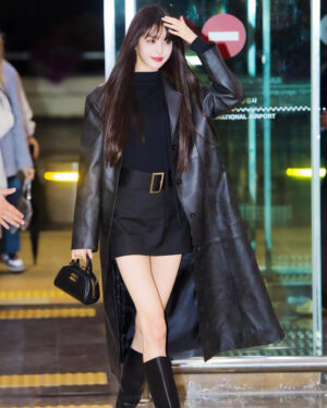 Jang Wonyoung Black Leather Long Coat
