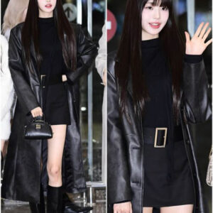 Jang Wonyoung Black Leather Long Coat