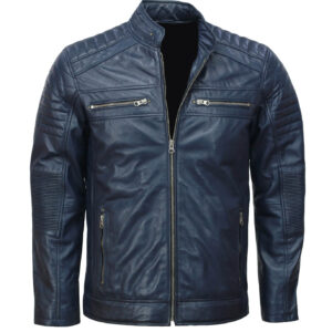 Men’s Café Racer Blue Biker Leather Jacket