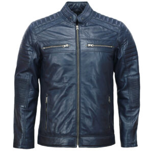 Men’s Café Racer Blue Biker Leather Jacket