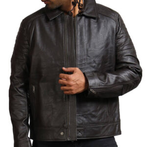 Black Collared Leather Biker Jacket