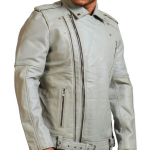 Men White Biker Leather Jacket
