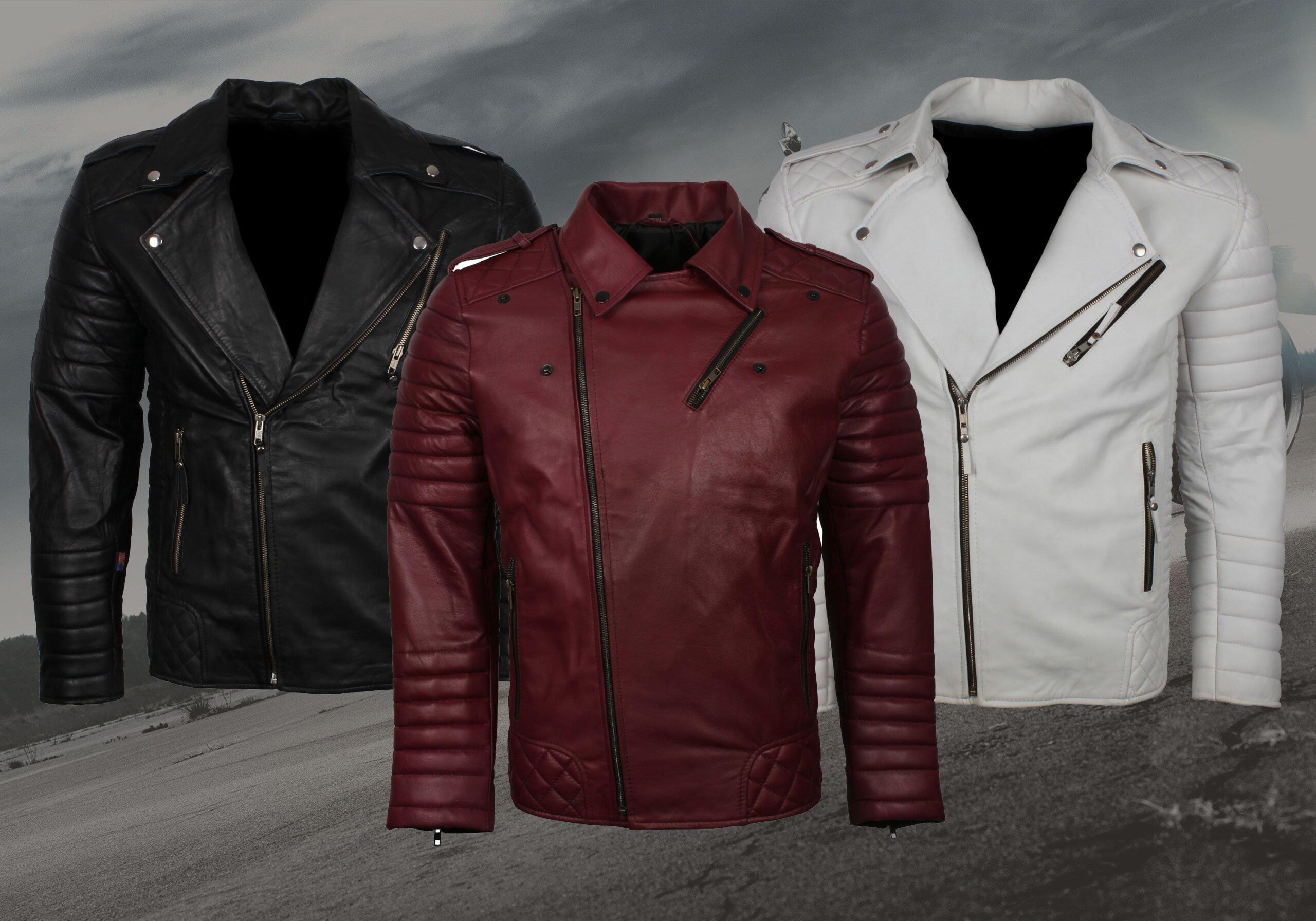 Men’s Biker Leather Jacket In Black White Maroon
