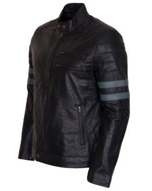Men's Black Grey Stripes Genuine Leather Biker Jacket