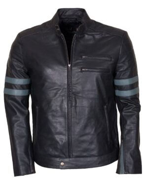 Men's Black Grey Stripes Genuine Leather Biker Jacket